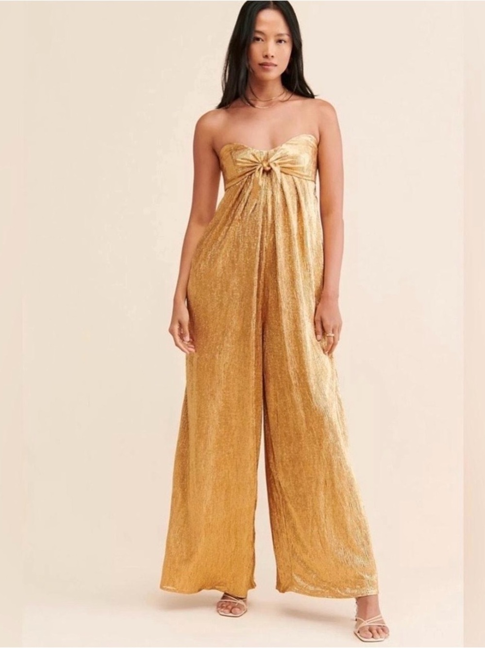 Free People Olivia Strapless Gold Wide-Leg Jumpsuit New Never Worn